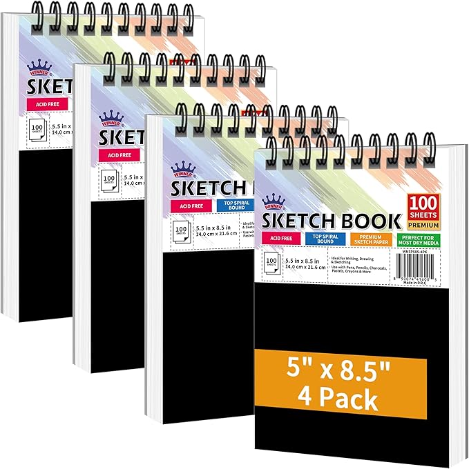 WINNER 5.5" x 8.5" Sketch Book, 4-Pack 400 Sheets Spiral Bound Art Sketchbook, 68lb/100gsm White Acid Free Drawing Pad, Sketching Drawing Writing Sketch Pad for Kids, Adults, Teens, Girls & Boys