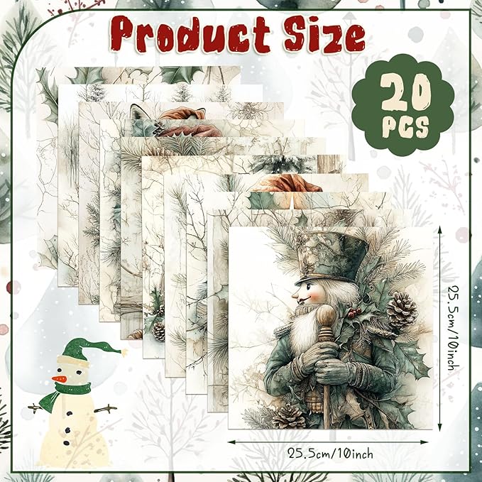 20 Pcs 10''x10'' Vintage Green Christmas Quilting Fabric Square Bundle Snowman Precuts Quiltted Fabric Gingerbread Reindeer Printed Patchwork Supplies for Winter Patchwork DIY Sewing Craft