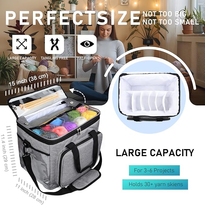 Hoshin Knitting Bag for Yarn Storage, High Capacity Yarn Totes Organizer with Inner Divider Portable for Carrying Project, Knitting Needles(up to 14”), Crochet Hooks, Skeins of Yarn (Grey)
