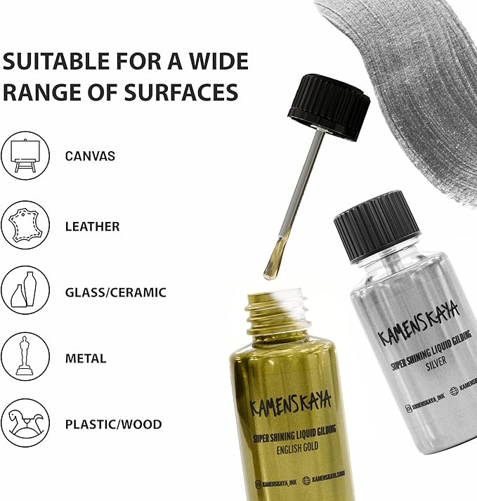 Liquid Leaf Paint - Gilding Paint Set - Rich & English Gold, Silver, Bronze, Copper, White Gold - 6 pcs. 0.68 fl oz (20 ml) Each