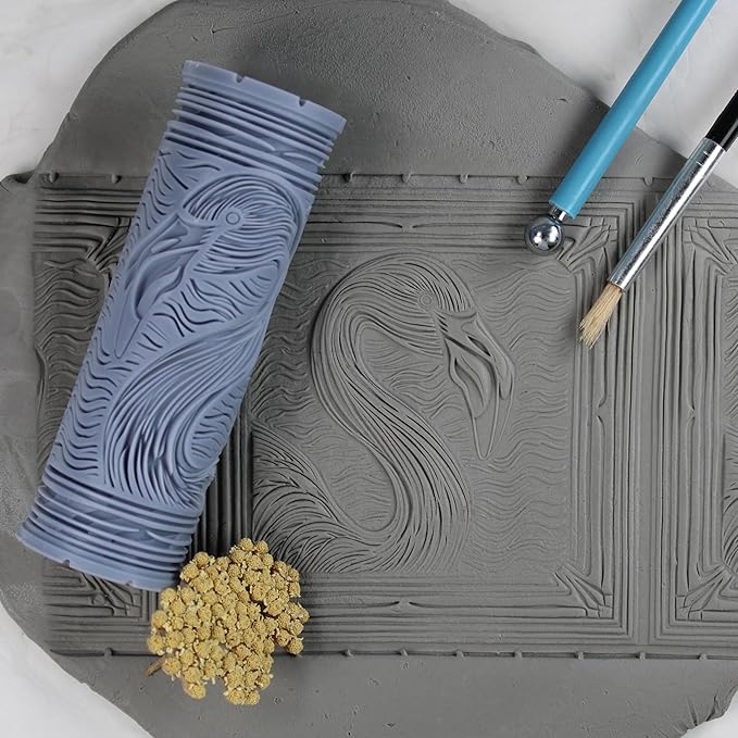 Flamingo Clay Texture Roller (4") - Bird Set #01 - Embossing Pattern Roller for Polymer & Ceramic Clay, Pottery & Crafts