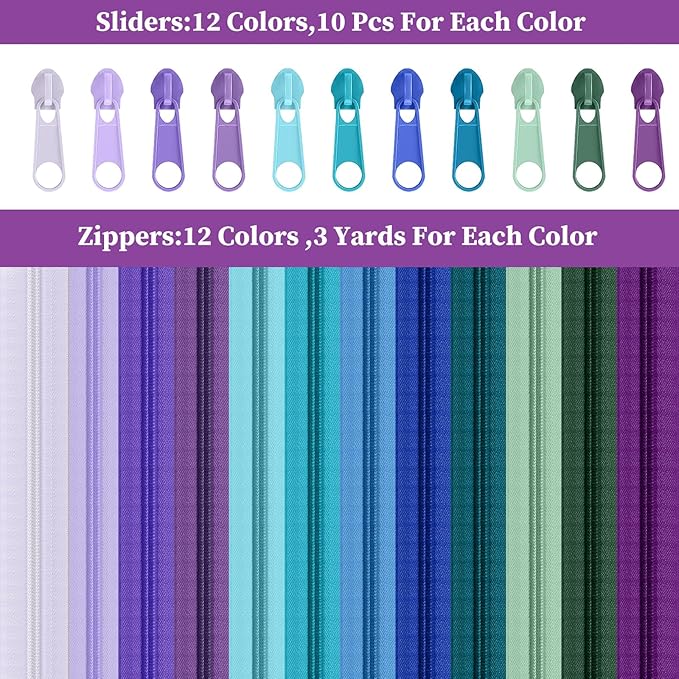 Syhood 36 Yards 12 Pieces #5 Sewing Zippers Tapes Assorted Nylon Lightweight with 120 Plastic Zipper Sliders for Women Men Sewing Supplies(Multi Color)