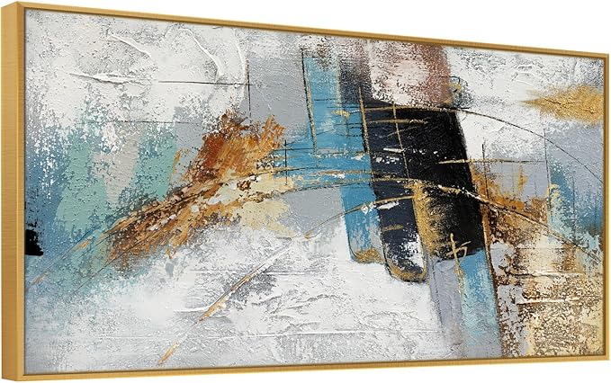 Large 100% Handmade Abstract Oil Painting with Frame Modern Original Hand Painted Heavy Textured Wall Painting Blue Gold Grey Canvas Wall Art Wall Decor for Living Room Bedroom Office Hang 48x24 inch