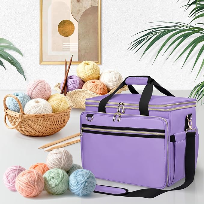 Anitor Large Crochet Bag Knitting Bag Yarn Storage Tote, Yarn Bag with Clear Top Lid, Unfinished Project Compartment, 6 Yarn Holes. Holds Knitting Needles, Crochet Hooks, Yarn, Purple, (Bag Only)
