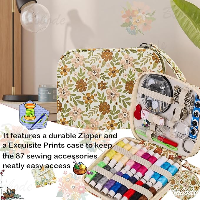 Arts Craft Printing Sewing Kit Floral Pattern Sewing Set Professional Travel Sewing Supplies with 18 Colors Sewing Thread, Basic Sewing Accessory for Emergency, Home