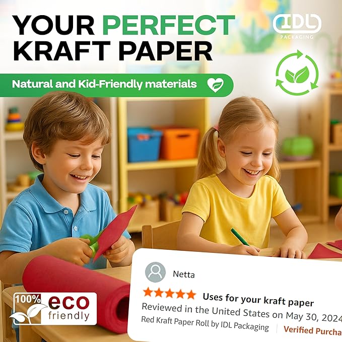 24" x 1200" (100 ft) Red Kraft Paper Roll, Pack of 2 - USA-Made Quality Craft Paper for Gift Wrapping, Kids' Arts & Crafts, School Projects - 100% Recycled, 50 lb Natural Material by IDL Packaging