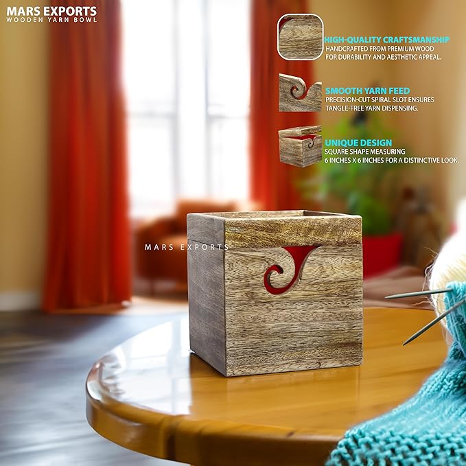 Wooden Yarn Bowl, Square Shape Yarn Ball Holder, Craft Knitting Bowl, Yarn Bowl Holder for Crocheting and Knitting, , Yarn/Wool/String Storage Accessory (Single Ball Holder (6x6x6)