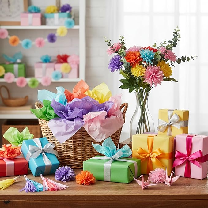 Qilery 500 Sheets Colored Rainbow Tissue Paper Bulk for Gift Bags 15 x 20 Inch Acid Free Packaging Wrapping Decoupage Paper Sheets Easter Wedding Rainbow Party Decoration DIY Flowers, Pom Poms