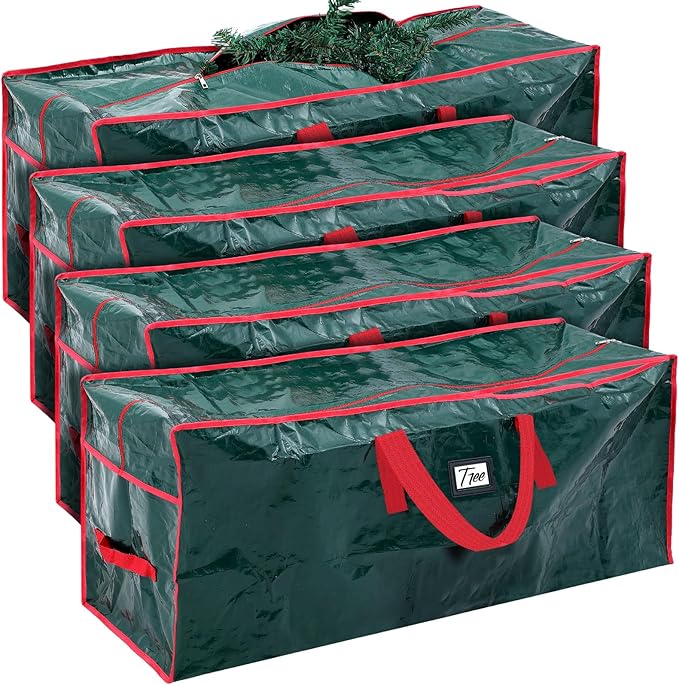 Amylove 4 Pcs Large Christmas Tree Storage Bags Heavy Duty Xmas Zippered Bags Bulk Waterproof Plastic Christmas Tree Container with Carry Handles(9 ft,Green)