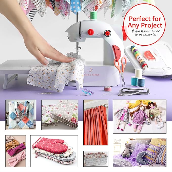 Hearth & Harbor Mini Sewing Machine for Beginners, Dual Speed Small Portable Sewing Machine for Kids and Adults with Extension Table, 122 Piece Gift Set Includes, Fabrics, Project Book and More, Red