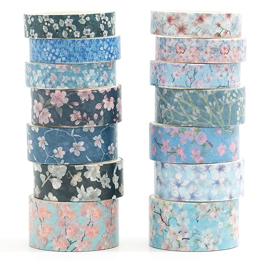 14 Rolls Sakura Washi Tape Set Flowers Arts Adhesive Tapes Cherry Blossom Decorative Masking Tape Sets for Craft, Kids, Scrapbook, DIY, Gift Wrapping (Midnight Blossom)