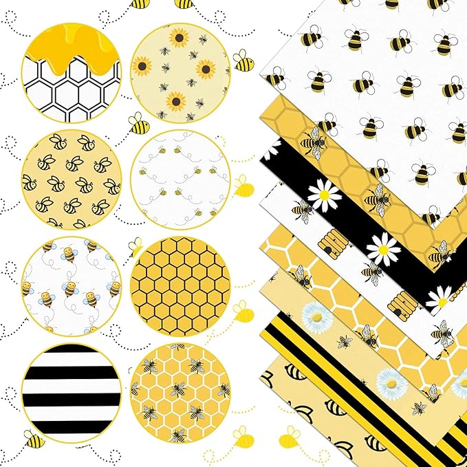 20 Pcs 10''x10'' Bee Quilting Fabric Square Bundle Honeycomb Daisy Gnomes Precuts Quilted Fabric Yellow Printed Patchwork Supplies for Holiday Summer Patchwork DIY Sewing Crafts
