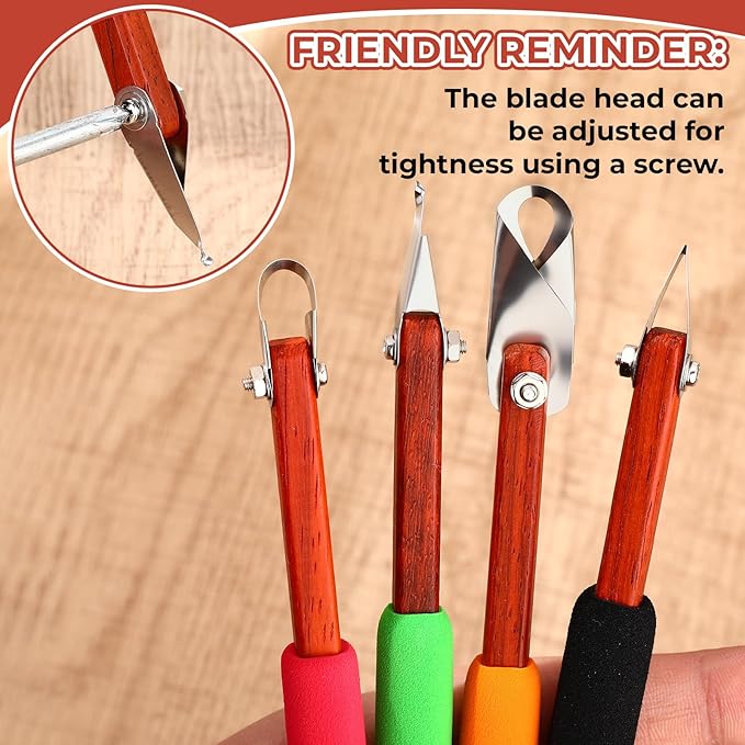 Lanties 4 Pcs Pottery Carving Tool Set Sculpture Scraper Craft Modelling Tools Red Pear Wood Texture Handle with Stainless Steel Blade for Clay Carving, Ceramic Sculpting, Graffito (Novel Color)