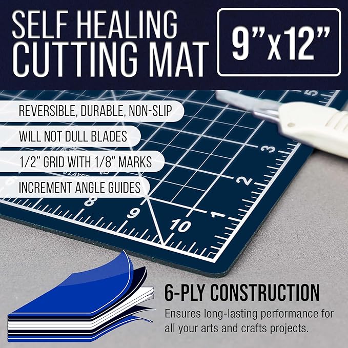 U.S. Art Supply 9" x 12" Self-Healing Cutting Mat 5-Ply - Double-Sided White/Blue Craft Mat, Non-Slip Cutting Mats for Crafts, Sewing, Quilting, Scrapbooking