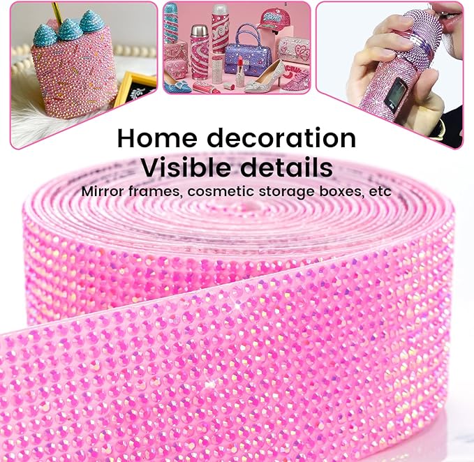Novani Self Adhesive Rhinestone Ribbon, 1.18 Inch Wide 3 Yards 1 Roll, Hot Pink AB Crystal Diamond Bling Strips for DIY Crafts, Glitter Resin Rhinestones for Crafting, Car Decoration