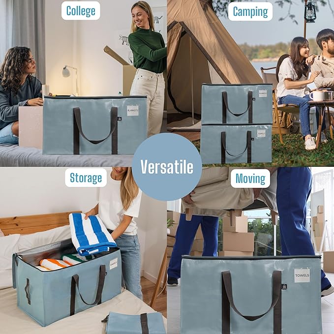 VENO 4 Pack Moving Bags, Upgraded Heavy Duty, Moving Boxes Alternative, Packing Storage Supplies for Dorm Room Essentials with Zipper for Clothes, Large Totes for Packaging (Light Blue, 4 Pack)