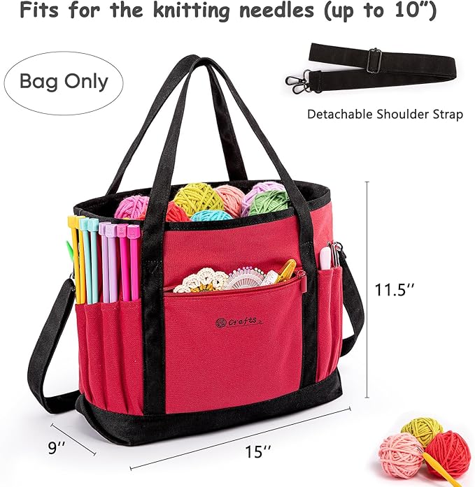 MYBAGZING Canvas Yarn Storage Organizer Bag Washable Crochet Bag with Pockets for Yarn, Hooks, Needles – Travel Knitting Tote for Crafters – Gift for Crocheters & Knitters (Medium/Large)