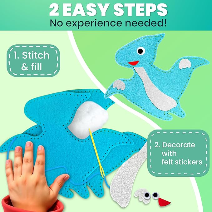 QUOKKA Kids Crafts Ages 7-9, DIY Beginner Needle and Thread Kit - 12 Wild Dino Sewing Kit Basic - Fun Arts Crafts for Kids Ages 7-9 Girls Boys - Plastic Needles, Scissors - 7+ Year Old Girl Gifts