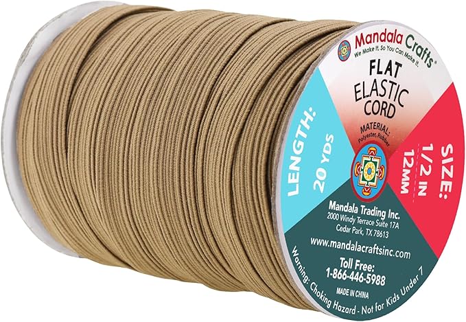Mandala Crafts 12mm 20 Yds Roll of Dark Khaki Elastic Bands for Sewing - 1/2 Flat Elastics Cord - 1 2 Inch Braided Stretch Straps for Crafting