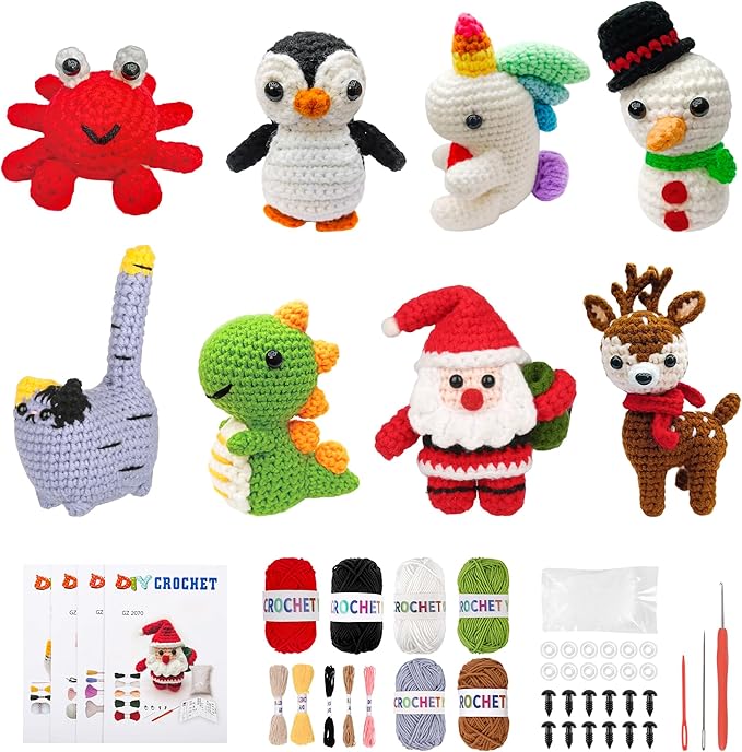 Yayvokuv 8Pcs Crochet Kit for Beginners, 2026 Great Christmas Gift for Crochet Lovers, DIY Craft for Adults, Crocheting Animal Kits with Step by Step Videos, Yarn, Crochet Hook (Brown)