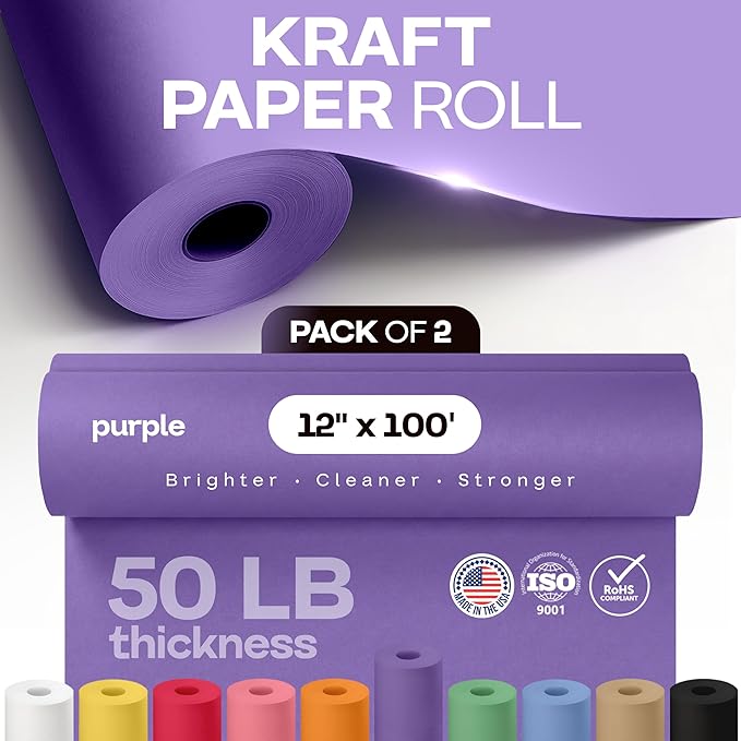 12" x 1200" (100 ft) Purple Kraft Paper Roll, Pack of 2 - USA-Made Quality Craft Paper for Gift Wrapping, Kids' Arts & Crafts, School Projects - 100% Recycled, 50 lb Natural Material by IDL Packaging
