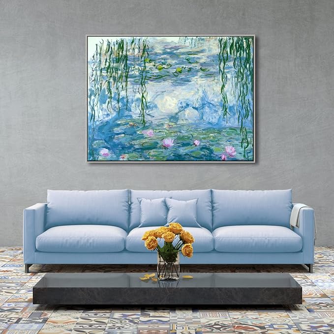 Wieco Art Large Silver Framed Canvas Print Water Lilies by Claude Monet Paintings Reproduction Modern Abstract Canvas Wall Art for Home and Office Decoration Artwork