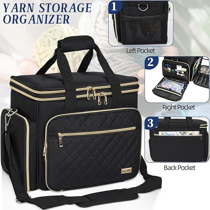 Knitting Bag Yarn Storage Tote, Large Crochet Organizer Bag, Yarn Holder Case for Knitting Needles, Knitting Project Bag with Inner Divider for Knitting Accessories, Crochet Hooks, Black
