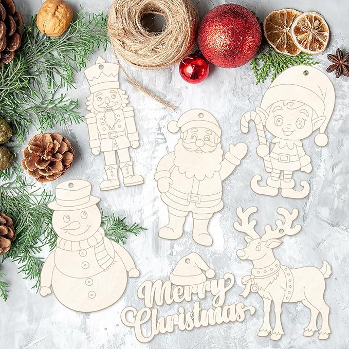 60 PCS Wooden Christmas Ornaments for Crafts, Cute Blank Unfinished Wood Christmas Tree Ornament, Xmas Wood Slices DIY Art Crafts, Holiday Home Wall Mantel Hanging Decorations Party Supplies