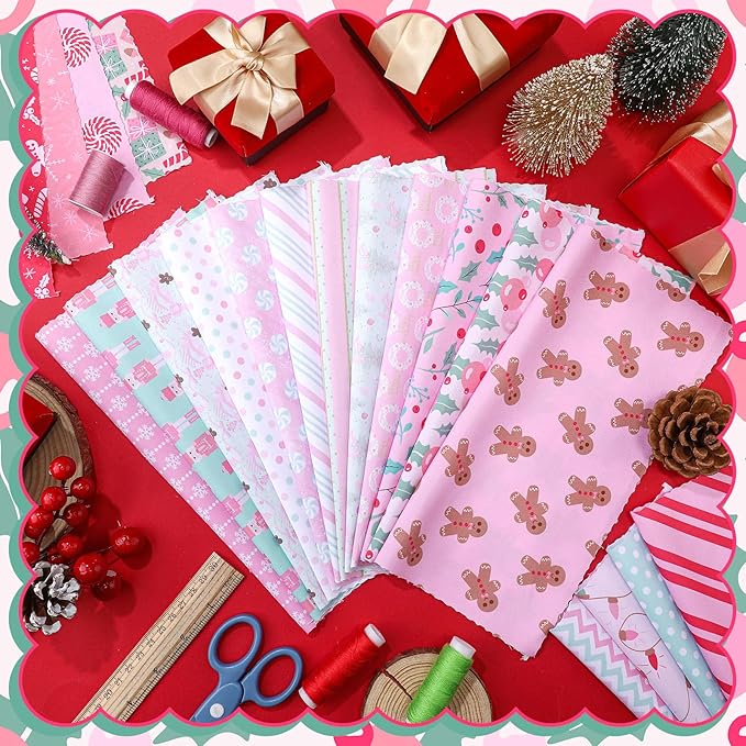 Oudain 60 Pcs 10 x 10 Inch Pastel Christmas Quilting Fabric Squares Vintage Christmas Fat Patchwork Precuts Pink Green Gingerbread Man Nutcracker Fabric Bundles for Xmas DIY Craft Sewing Handmade