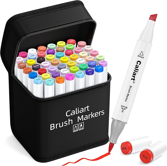 Caliart Alcohol Markers Brush Tip, 51 Colors Dual Tip Artists Coloring Markers Set Brush & Chisel, Permanent Alcohol Based Colored Sketch Pens, Art Supplies Gifts for Adults Drawing Illustration