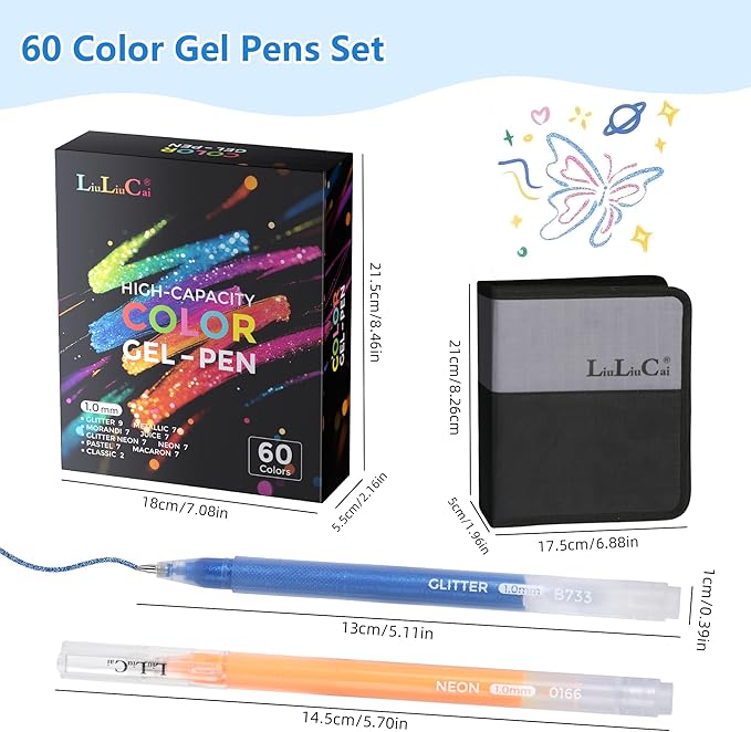 Gel Pens for Adult Coloring Book, 60 Colors Large Capacity Metallic Glitter Gel Ink Pens with Case, 1.0 mm Bullet Tip Smooth Writing, Artist Colored Gel Pen for Coloring Drawing Journaling