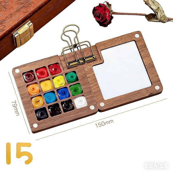 Mini Watercolor Paint Set, Mini Watercolor Travel Set with 1 Wooden 15-Grid Palette, 24 Colors Paint, 1 Sketch Books and 1 Brushes, Copper Clip and Sketchbook for Travel Painting
