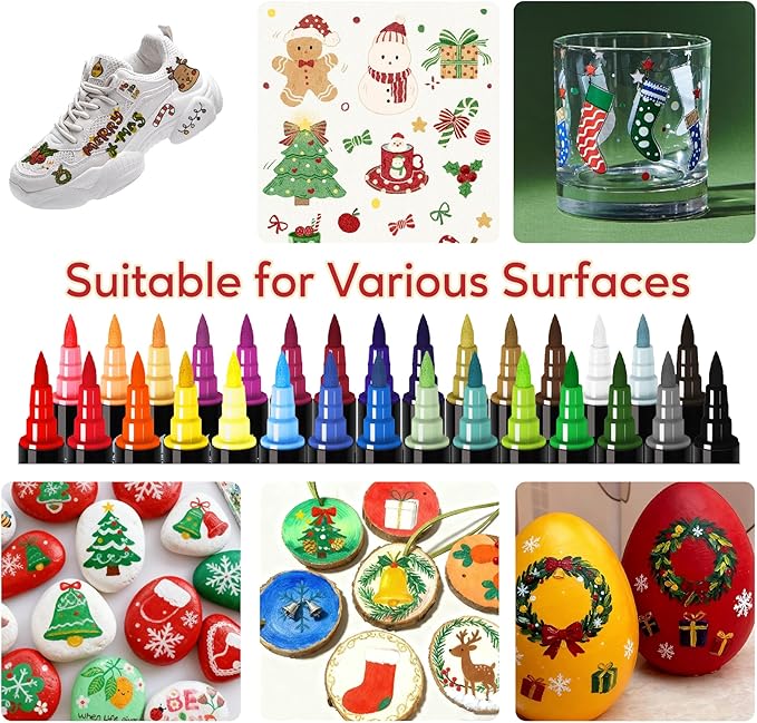 30 Colors Acrylic Paint Markers, Dual Tip Fine and Brush Tips for Detailed Art, Crafting, Rock Painting, Wood, Glass, Ceramic, and More