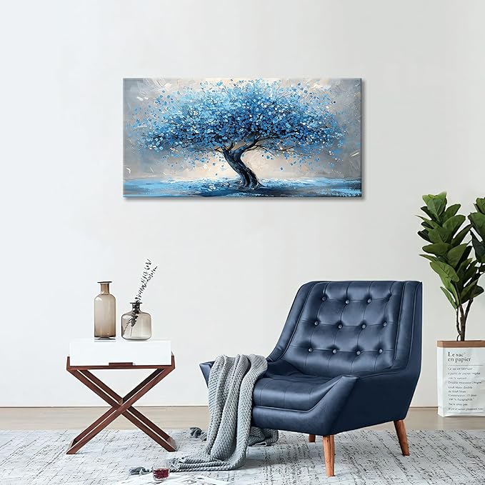 WENGTIAO Large Wall Decor For Living Room, Blue Trees Canvas Wall Art For Bedroom Office Decor Tree Panoramic Landscape Wall Paintings Prints Textured Pictures Artwork Modern Home Decoration 60X120cm