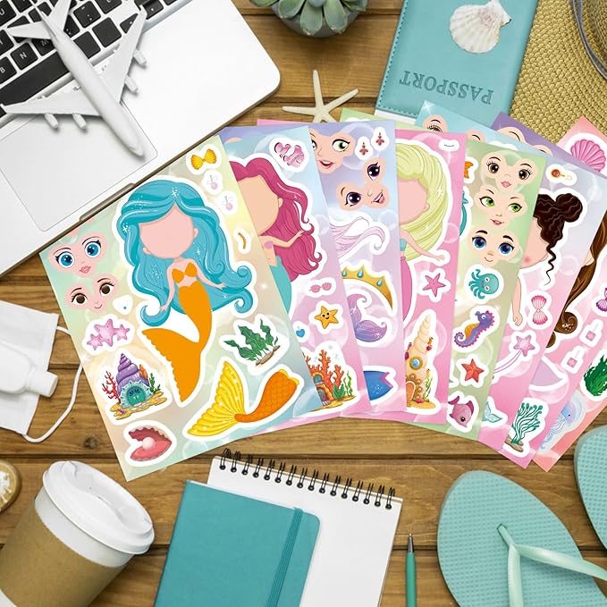 32 Sheets Mermaid Stickers for Kids, Make Your Own Sticker, Mermaid Make a Face Stickers for Kids Party Favors, Classroom Teacher Rewards, Art Craft Supplies