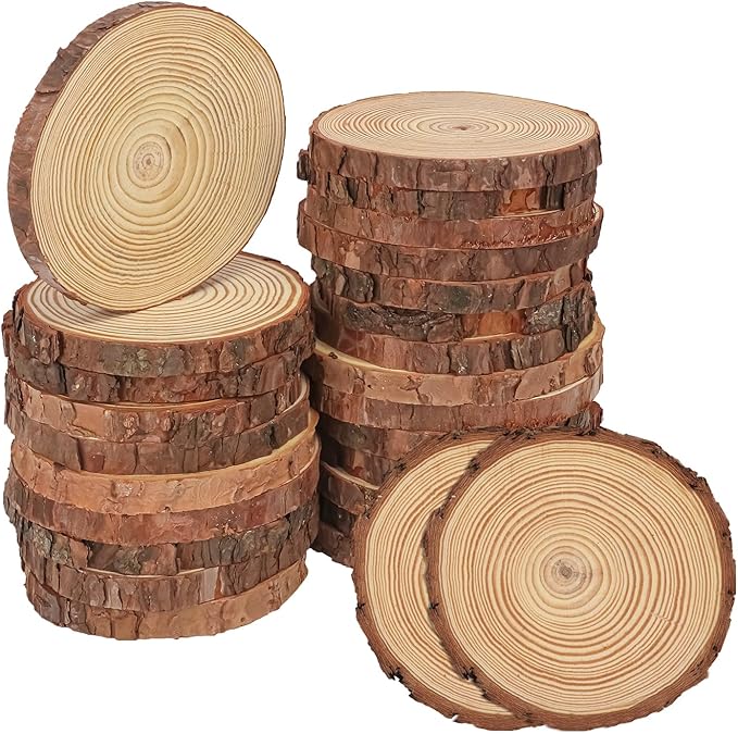 26 PCS Unfinished Wood Slices for Centerpieces, 5.5-6.3 Inch Natural Wood Slices with Tree Bark Pine and Wood Rounds Discs for DIY Crafts, Centerpieces, Art & Decor