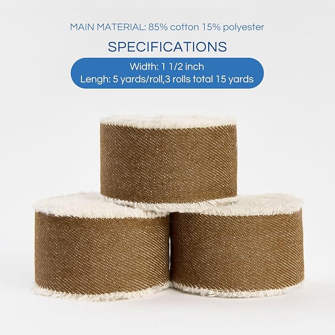 Pretty Jolly Brown Denim Ribbon for Crafts Handmade Rustic Frayed Cotton Jean Fabric Ribbon for Flower Bouquet 15 Yards 1 1/2 Inch Cloth Ribbons for Gift Wrapping Hair Sewing Accessories Holiday Decor