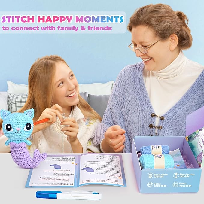 Crochetta Crochet Kit for Beginner, Crochet Starter Kit with Step-by-Step Video Tutorials, Learn Crochet Kits for Adults Women Men Complete Kit Included, 1 Pack Mermaid Cat(40%+ Yarn)