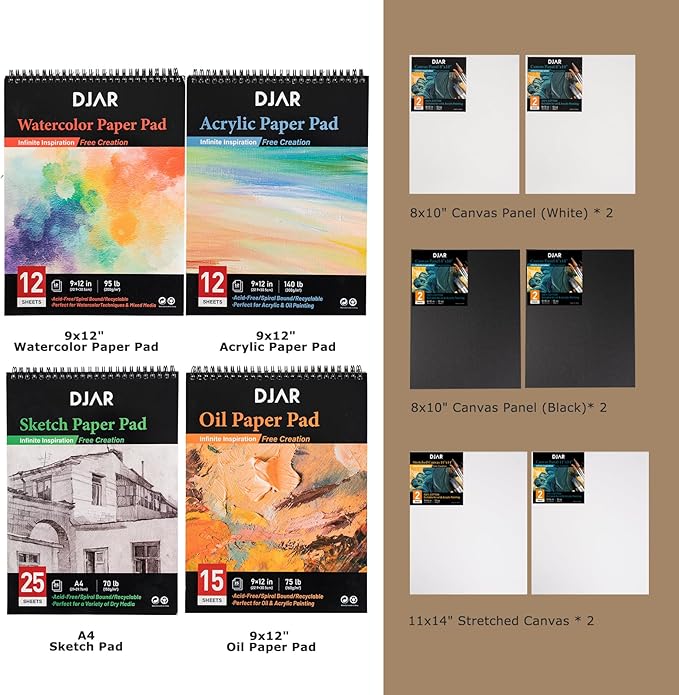 DJAR 174pcs All-in-One Art Painting Set with Tabletop Easel & Tripod, Acrylic, Watercolor, Oil & Sketch Kit, 96 Acrylic, Watercolor & Oil Paint Set for Beginners, Professionals, Artists