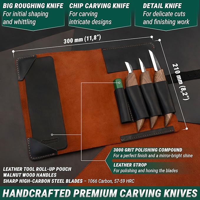 BeaverCraft Wood Carving Knife Set Deluxe S15X - Wood Carving Kit with Detail Chip Knife, Sloyd Roughing Whittling Knives & Leather Strop - Whittling Tools Set with Leather Case for Carvers