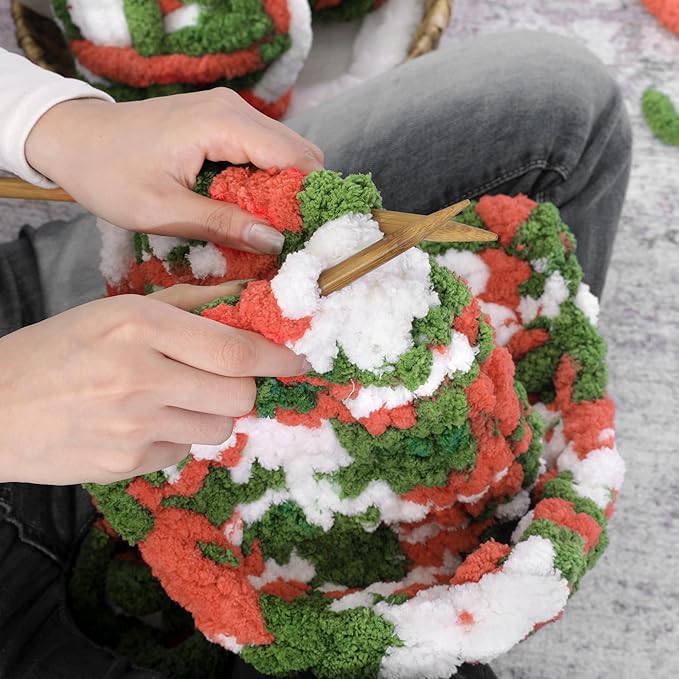 Hombys 8 Pack Giant Chunky Yarn for Crocheting/Hand Knitting - Super Bulky Large Soft Fluffy Tie Dye Plush Fuzzy Mixed Color Thick Chenille Yarn (Red, Green, White)