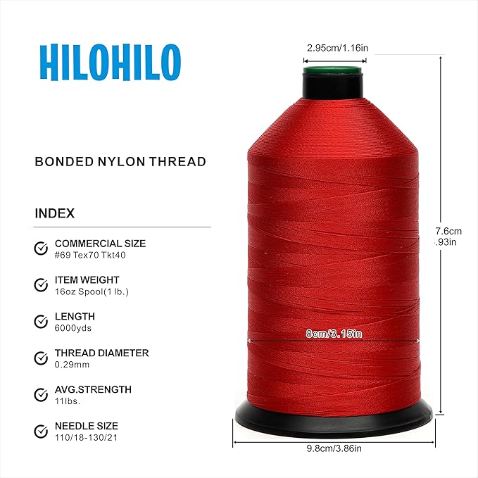 Extra Strong Bonded Nylon Thread #69 Tex70 – 16 OZ, 6000yds, Versatile Stitching Solution for Leather, Upholstery, Canvas Repair and More (Red)