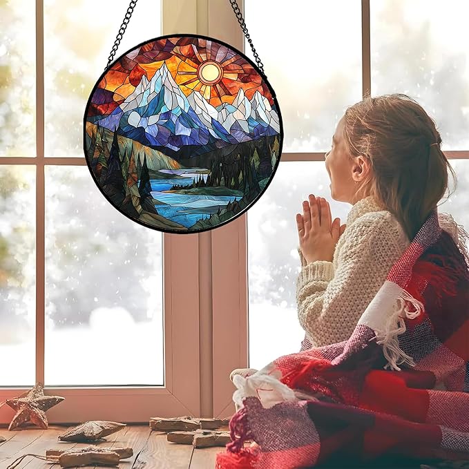 Stained Glass Window Hanging - Colorful Mountain Lake Landscape Sun Catcher for Door Garden Home Decor Suncatcher Christmas Mother's Day Birthday Gifts for Women Men Mom Nana 15 in