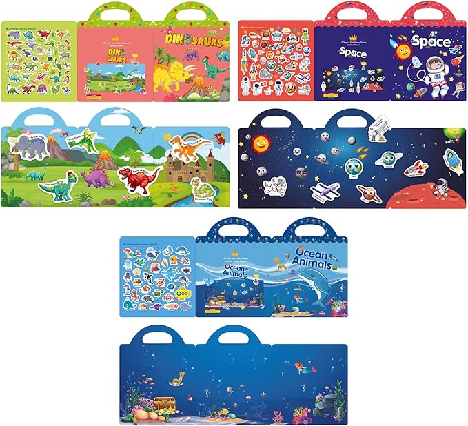 ToysDiva Dinosaurs, Ocean Animals, Space: Reusable Sticker Activity Booklet Bundle with 1 Mini Collectible Eraser for Ages 3+ (Random Theme) [56144]"