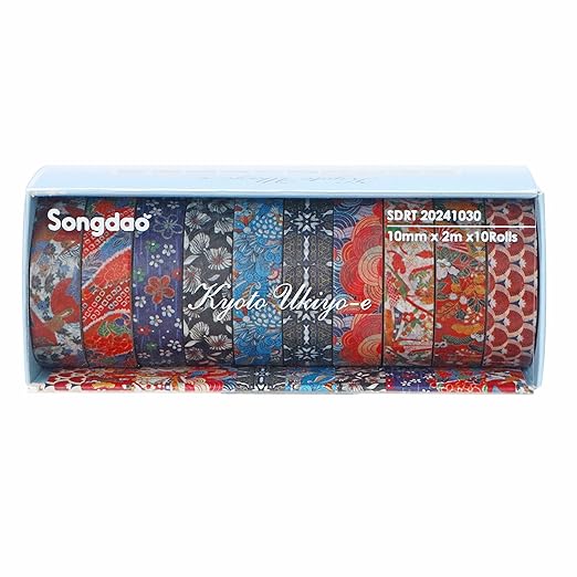 10 Rolls Ukiyo-e Style Washi Tape Set Japanese Kyoto Arts Adhesive Tapes Skinny Decorative Masking Tape Sets for Craft, Kids, Scrapbook, DIY, Gift Wrapping (Waves of Tradition)