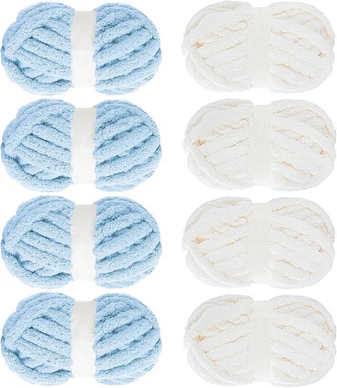 MABOZOO Assorted Chunky Yarn for Crocheting 8 Pack,Fluffy Jumbo Chenille Yarn,Soft Plush Yarn Bulky,Giant Thick Fuzzy Yarn for Hand or Arm Knitting,Cream & Sky Blue(31.7 yds,8 oz Each Skein)