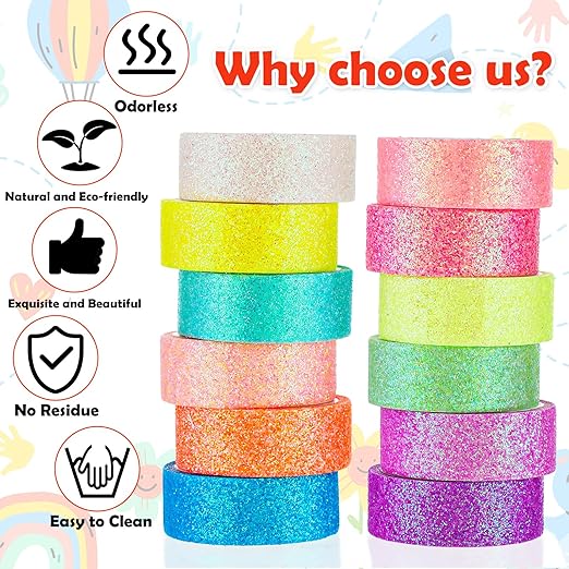 TIESOME 12 Rolls Glitter Washi Tape Set, 15mm Macaron Cute Colored Masking Tape, Decorative Masking Tapes for DIY, Scrapbook, Journal, Gift Wrapping, Crafts