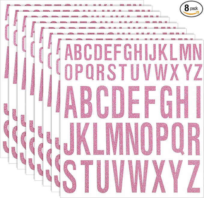 8 Sheet Glitter Letter Stickers Vinyl Alphabet Stickers Waterproof Self Adhesive Stick on Letters for Poster Bulletin Board Mailbox School Classrooms Decor(1 Inch, 2 Inch,Pink)