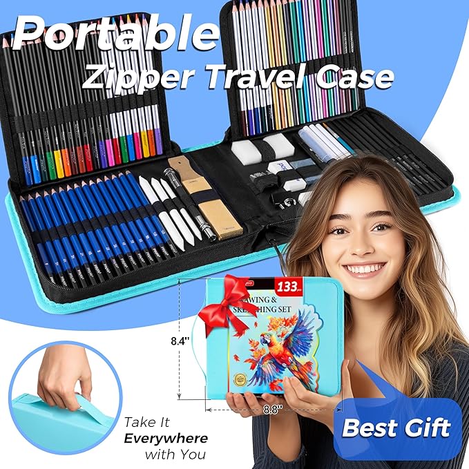 133 Pack Drawing Set Sketching Kit, Pro Art Supplies with Sketch Book, Coloring Book, Watercolor Pad, Black Paper Pad, Graphite Colored Charcoal Watercolor & Metallic Pencils, for Artists Adults Kids