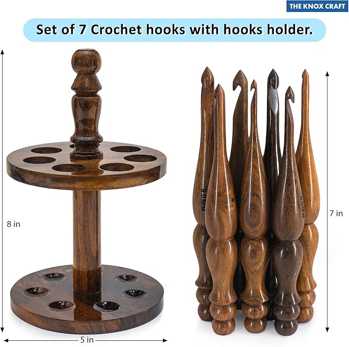THE KNOX CRAFT Wooden Crochet Hook Set with Holder – Ergonomic Crochet Hooks for Beginners, Crochet Needle Kit & Organizer Stand for Yarn and Knitting Projects (Set of 7 with Hooks Holder)